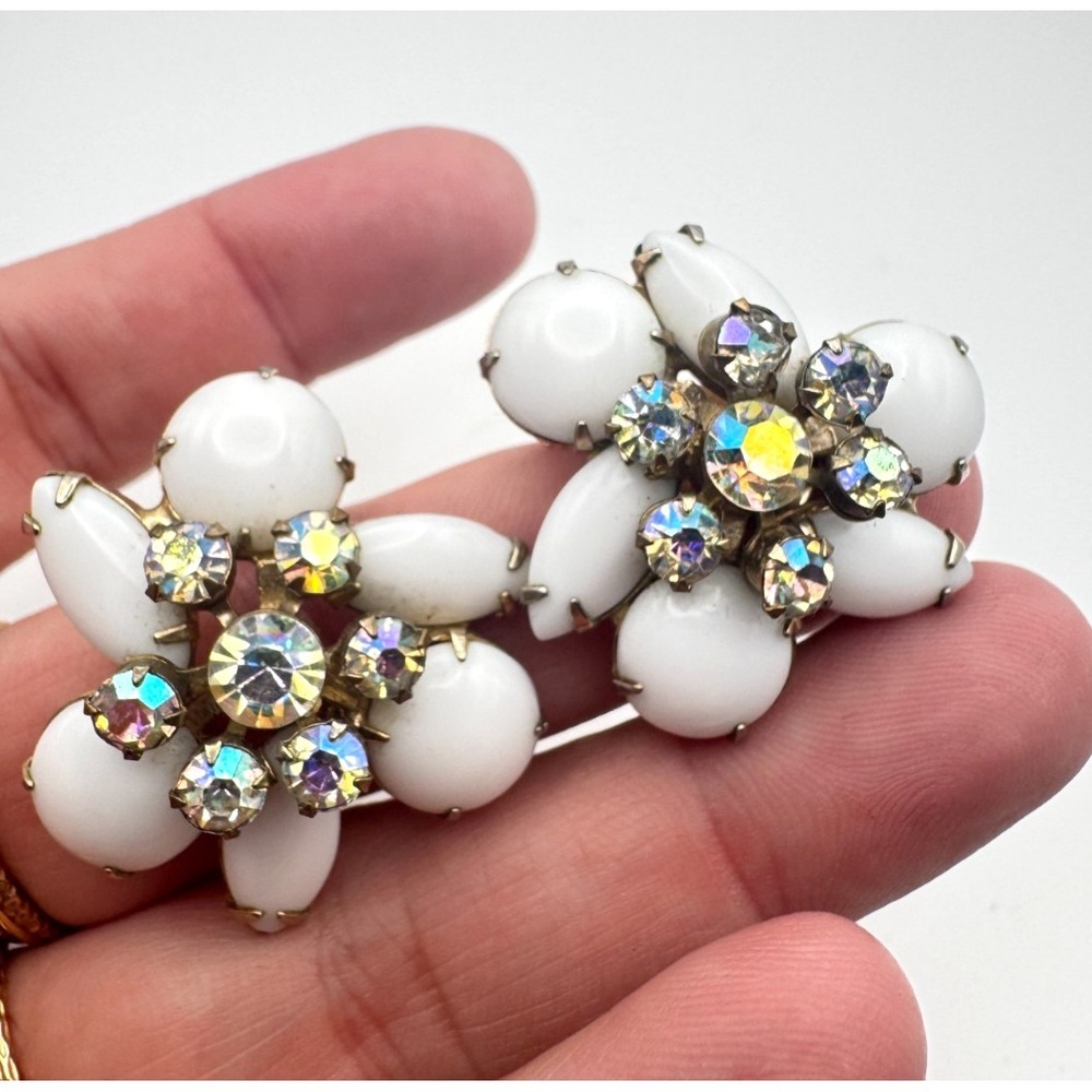 Vintage Milk Glass Earrings Aurora Borealis Rhinestone Cluster Clip On AB